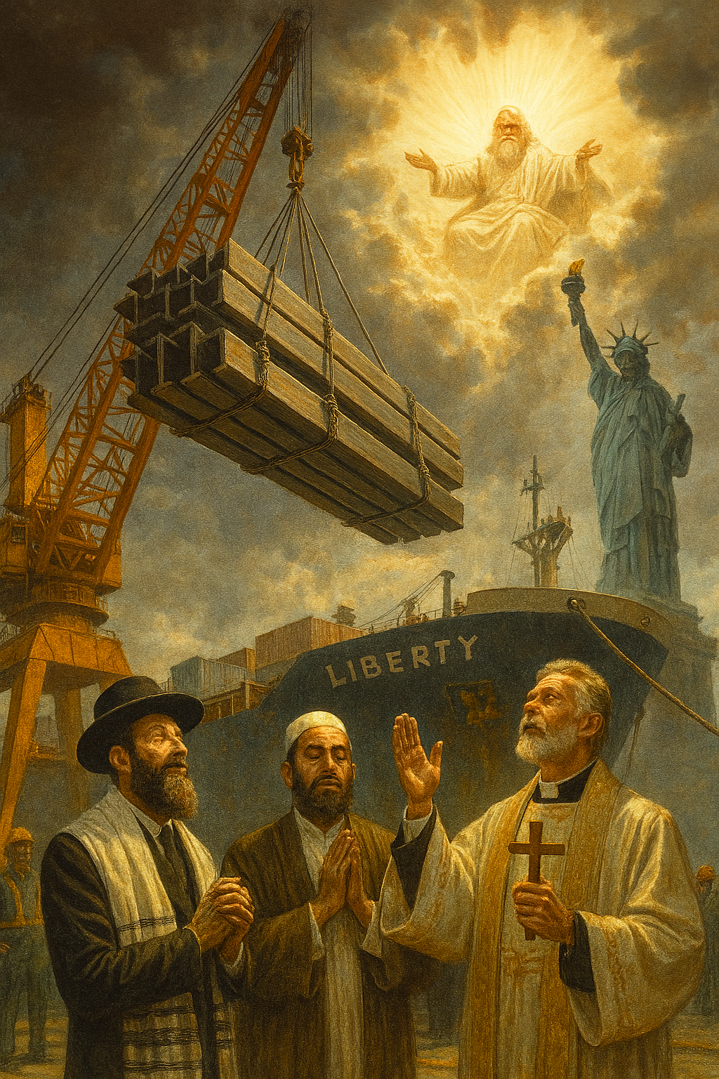 Jewish, Islamic Arab, and Christian brethren blessing steel beams being hoisted onto a freighter beside the Statue of Liberty, as clouds open and radiant light pours down in divine affirmation.