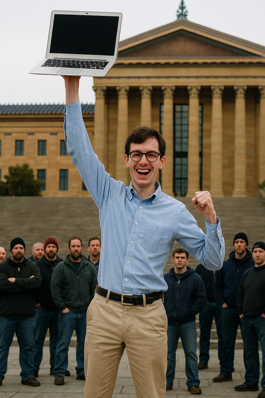 Mark raising laptop triumphantly on Rocky Steps, surrounded by skeptical onlookers