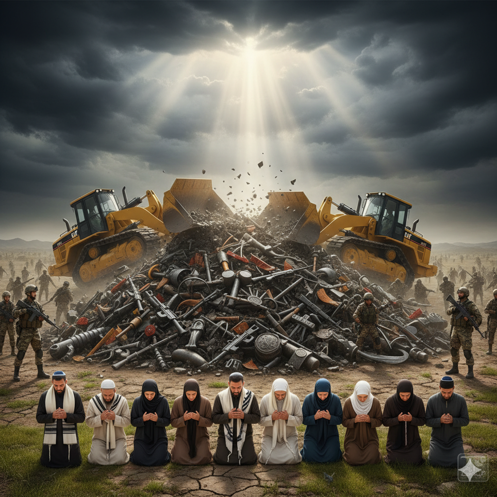 Jewish, Islamic, and Christian brethren kneeling in prayer amid crushed weapons, bathed in God's light.