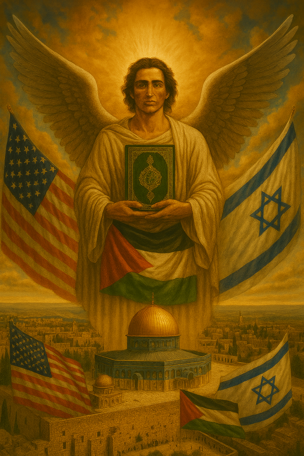 Archangel Jibril over the Temple Mount with Western Wall and Dome of the Rock seen from above