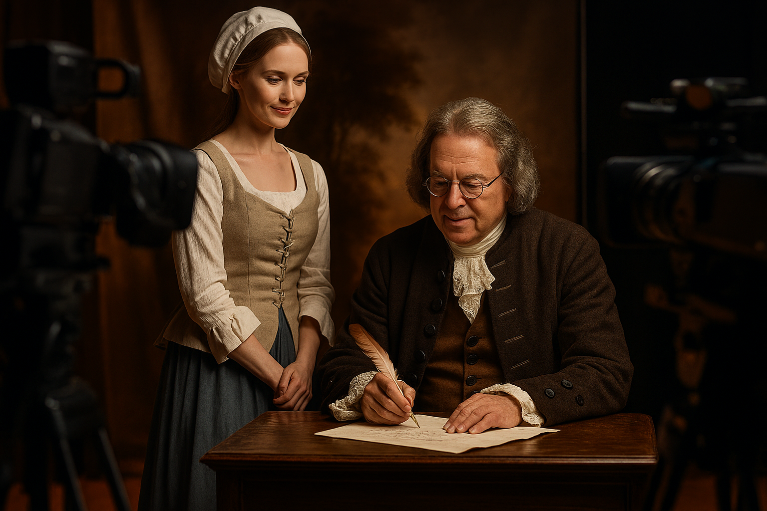 Mark W. Gaffney seated in colonial garb at a writing desk with a quill, on a studio stage with television cameras. Beside him stands an AI actress in period attire, forming an educational broadcast tableau.