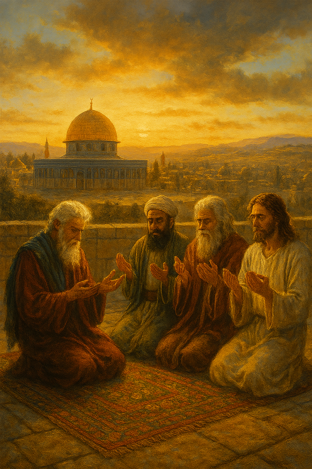 Prophet Muhammad praying with Jesus, Moses, and Abraham for God's House of Israel