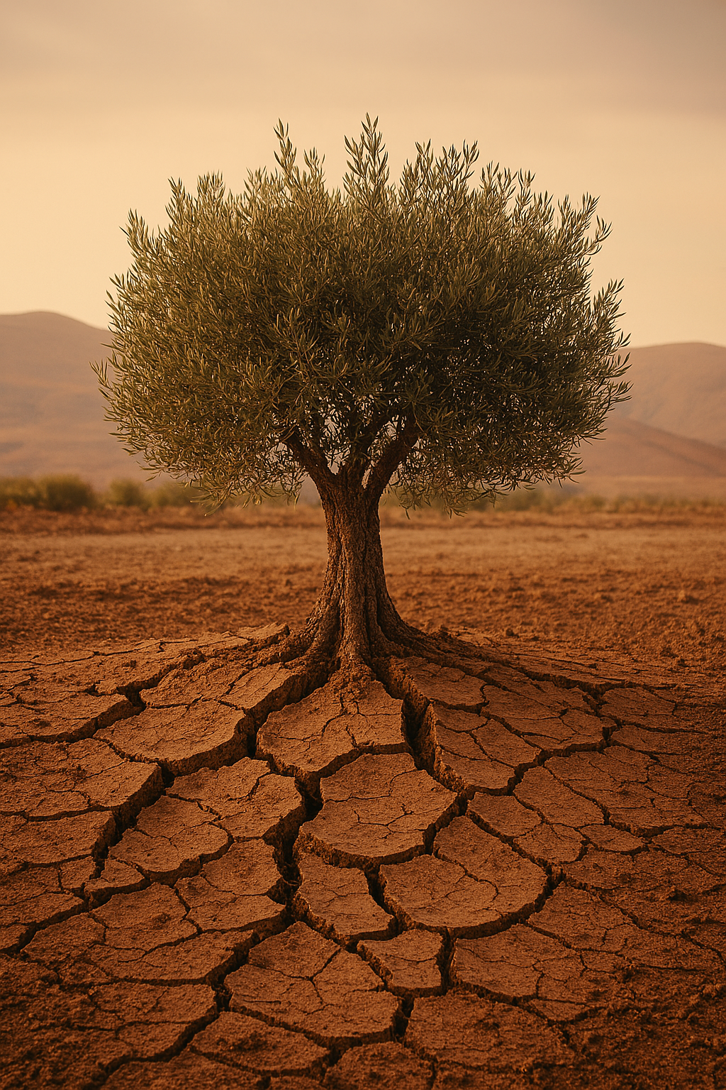 Olive tree emerging from cracked earth, symbol of peace and covenant