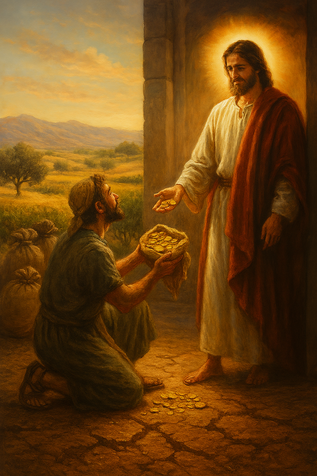 Faithful servant presenting multiplied talents to his master, inspired by Jesus' parable