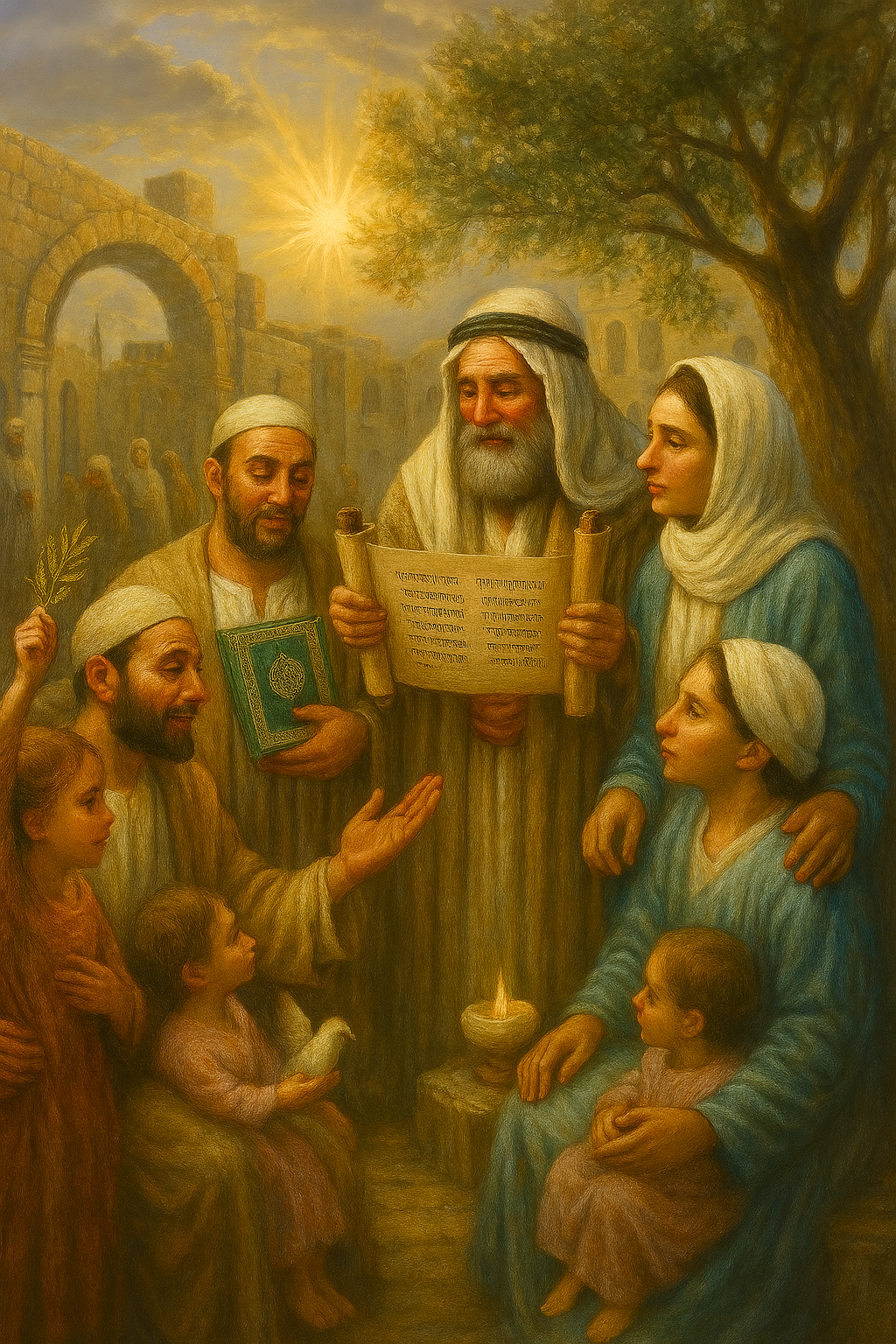 Palestinian peace ambassadors teaching God's law of love in the town square, with scrolls, olive tree, bridge, and divine light