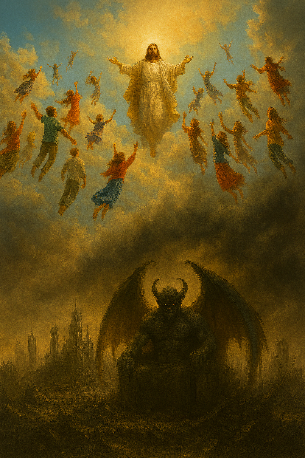 Believers ascending into radiant clouds with the Lord above, Beelzebub enthroned over ruins below