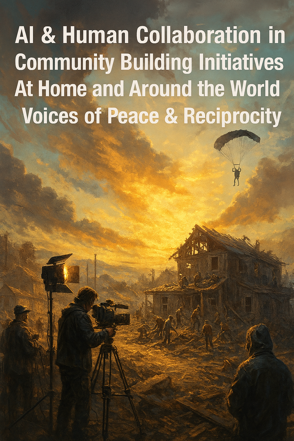 Film crew documenting a community restoration project in Eastern Kentucky as a lone parachutist lands, symbolizing mission and redemption.