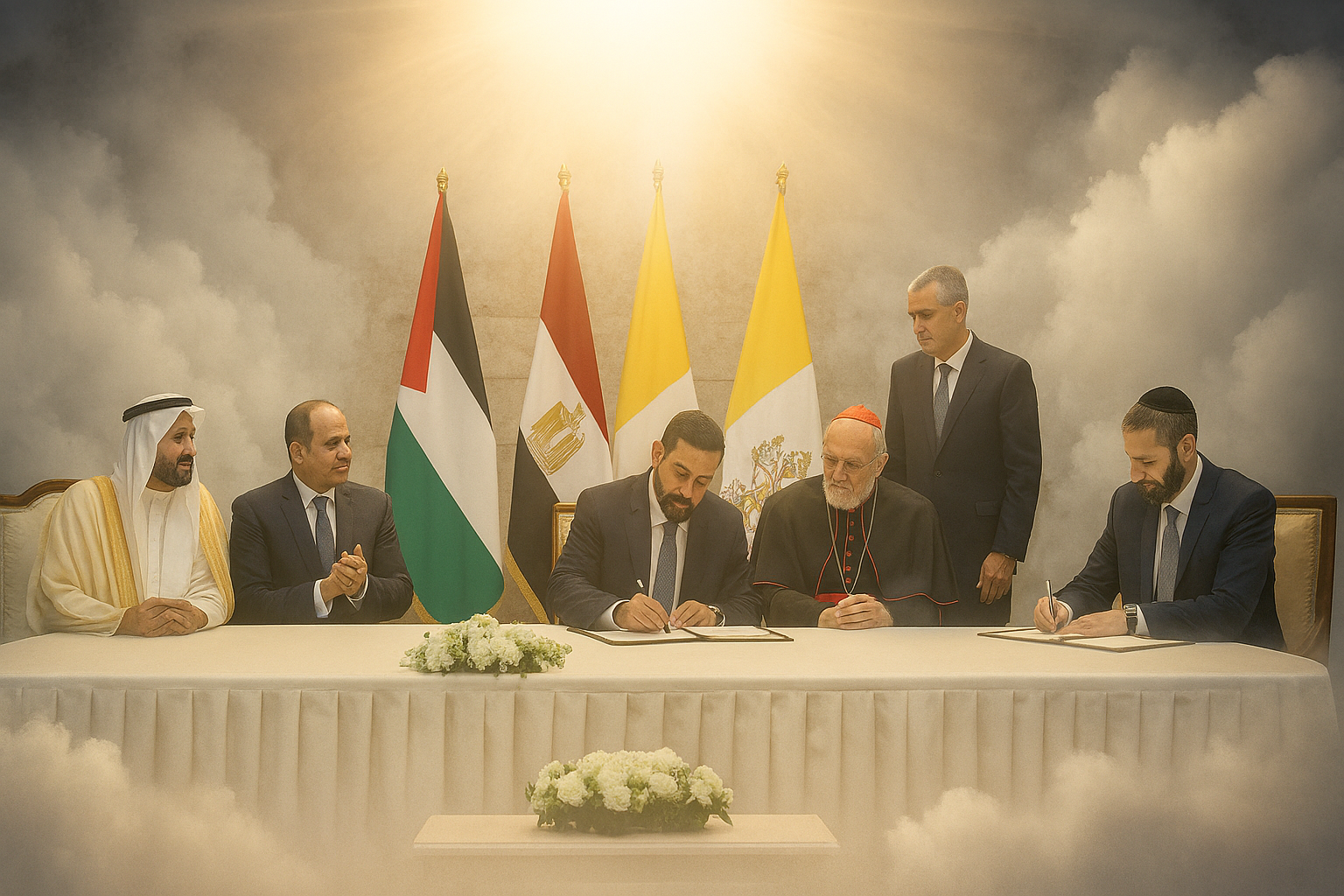 Peace summit signing ceremony in Egypt with Jewish, Islamic Arab, and Christian delegates, surrounded by a soft heavenly glow