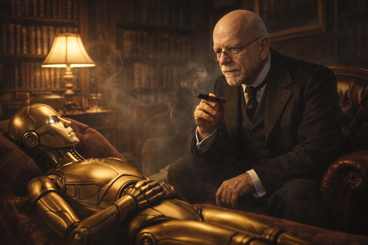 Artificial General Intelligence psychoanalytical therapy session with a Victorian analyst and a golden humanoid robot