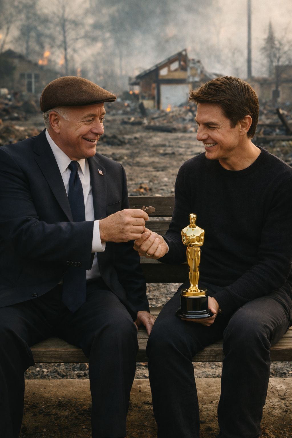 Offering a box of chocolates on the iconic Forrest Gump bench amid wildfire devastation, symbolizing meaningful coincidence and redemption