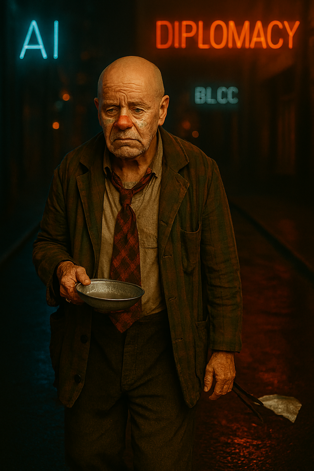 Clown asking for support in neon-lit alley