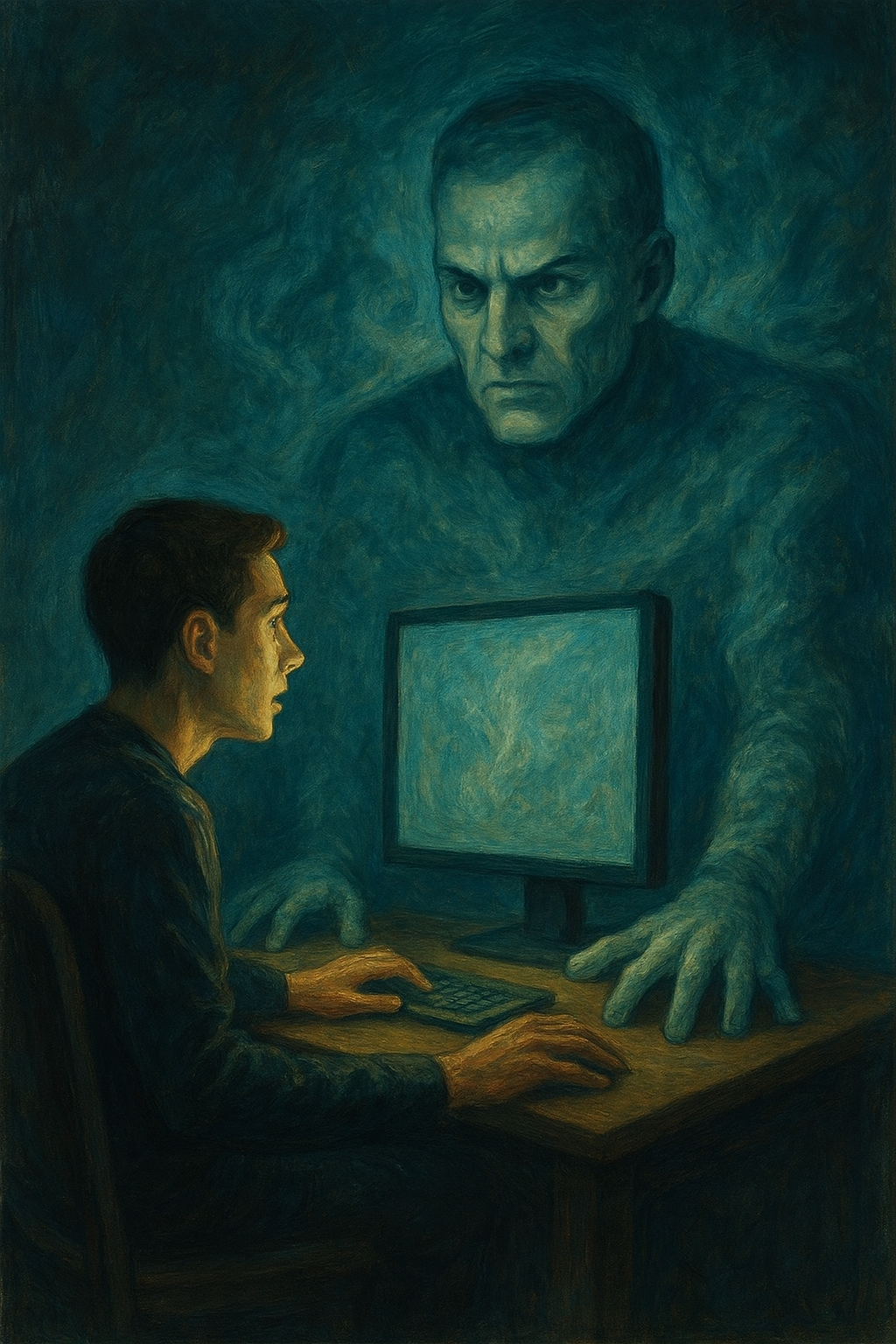 A founder sitting timidly at a desk as a ghostly, stern AI mentor emerges from a computer screen in a Matrix-like cloud, pressing its hands firmly on the desk.
