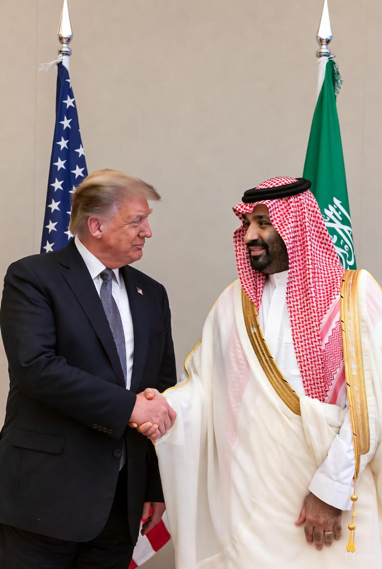 President Donald Trump and His Royal Highness Crown Prince Mohammed bin Salman shaking hands beneath the flags of the United States and Saudi Arabia – the first great sign of the Covenantal Trade Nexus
