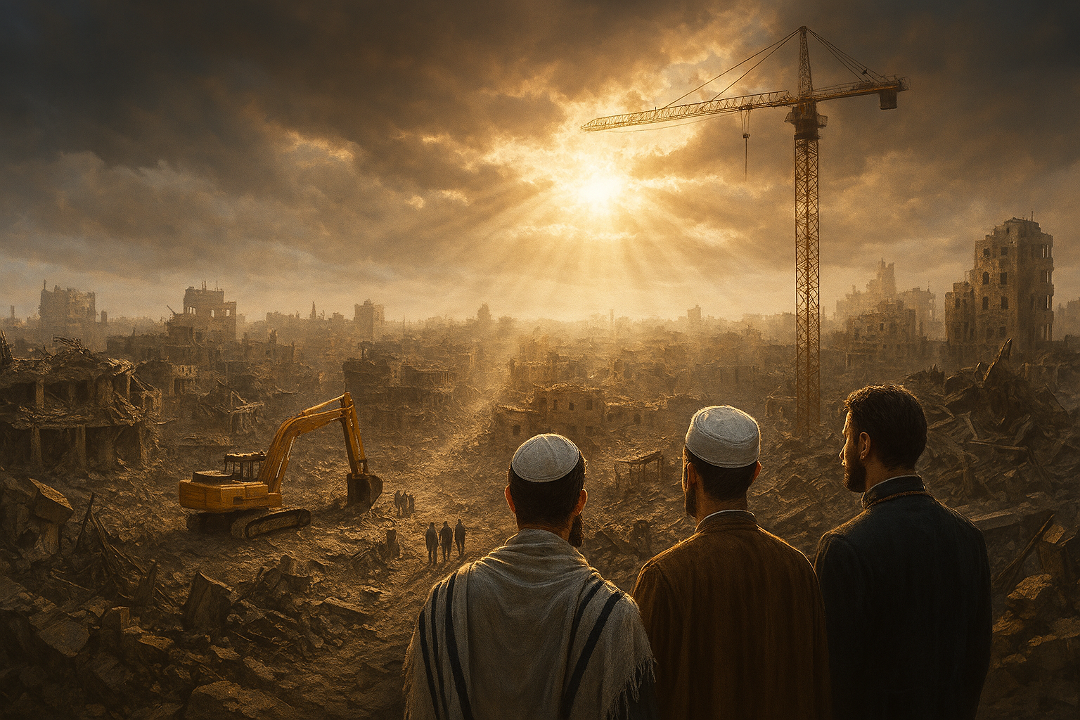 Inspirational cover photo of Gaza ruins with light breaking through darkness, cranes rebuilding, and interfaith unity