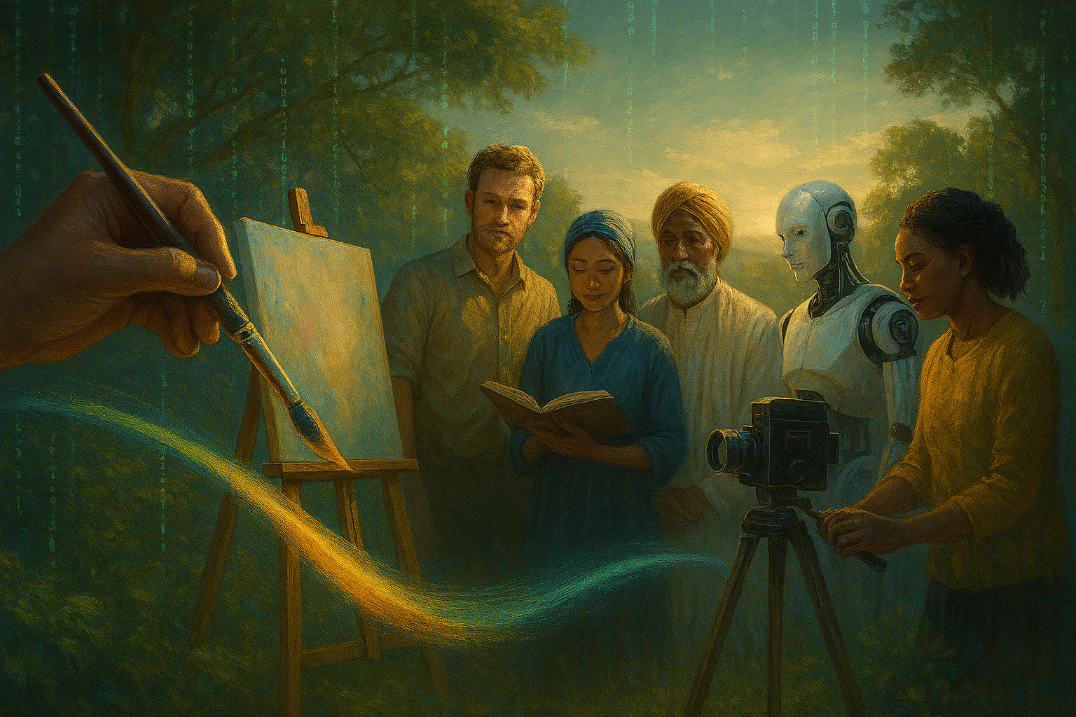 Interfaith humans and humanoid robots collaborating under a luminous, Eden-like horizon with a sacred hand painting a ribbon of color