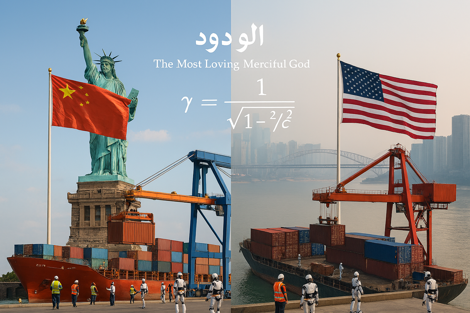 Photorealistic split-image of trade between East and West, with humanoid robots, national flags, and a Lorentz transformation equation symbolizing an algorithmic bridge grounded in divine love.