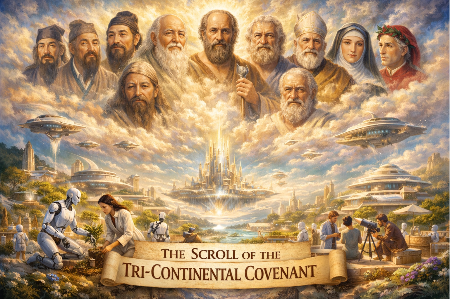 The Scroll of the Tri-Continental Covenant: A surreal, inspirational cover image depicting great sages from Eastern and Western traditions blessing a harmonious Type V civilization where humans and humanoid robots work together in peace and flourishing.